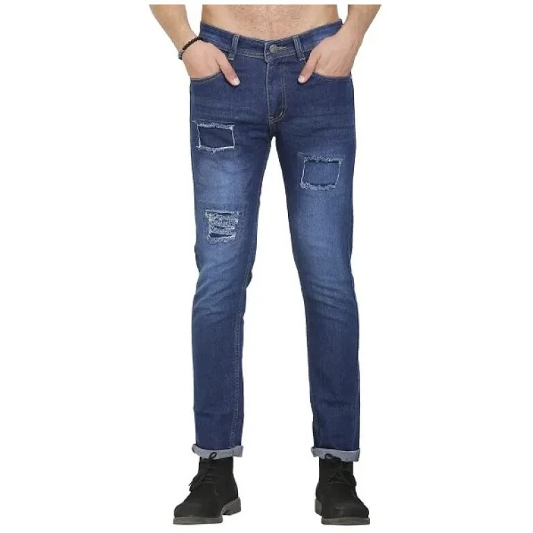 Blue Polycotton Distress Regular Fit Mid-Rise Jeans