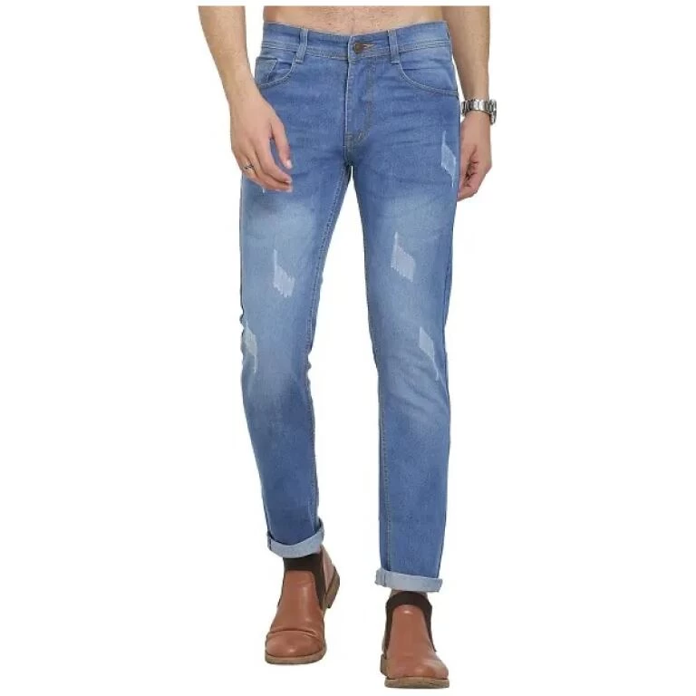 Blue Polycotton Distress Regular Fit Mid-Rise Jeans