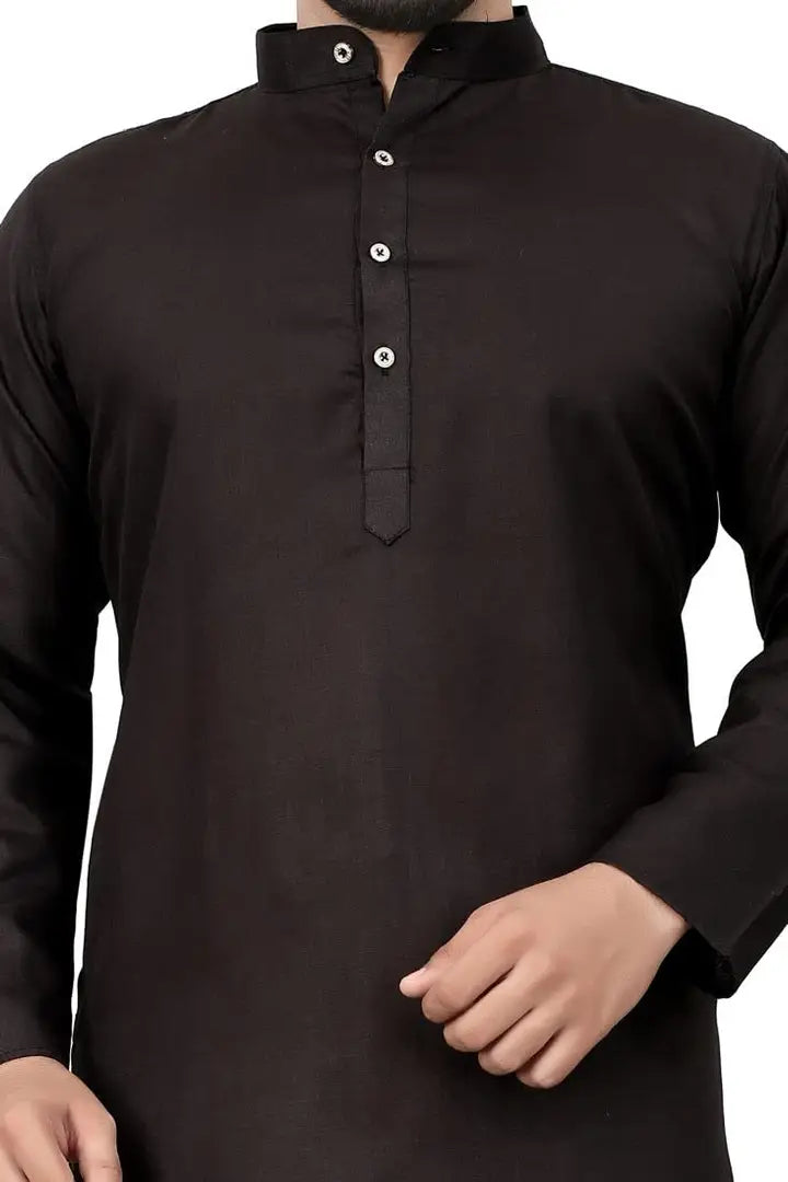 0198c85b-0e58-42dd-b14f-38f318a99435_24343841-originnm80prcnt Cotton Blend Regular Fit Straight Full Sleeve Solid Plain Weaved Knee Length Kurta for Men (Black)