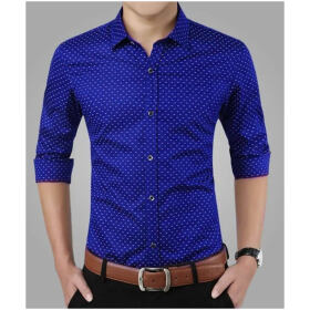 Blue Printed Cotton Slim Fit Men's Casual Shirt