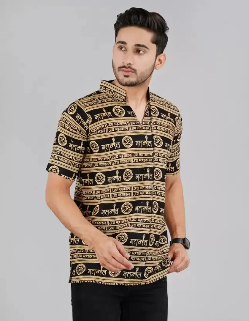 1683085603974_mahakal_black_golden-originnm80prcnt Classic Cotton Printed Short Kurta for Men