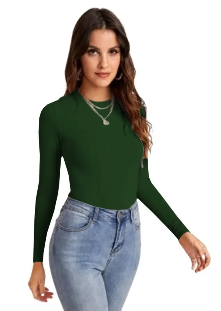 1686204440345_Top-470_Empire_Darkl_Green-B-originnm80prcnt Casual Polyester Blend Round Neck Long Sleeves Stylish Top