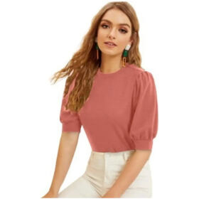 Casual Polyester Blend Round Neck Puff Sleeves Stylish Top