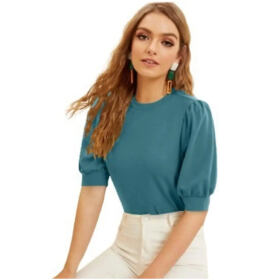 Casual Polyester Blend Round Neck Puff Sleeves Stylish Top