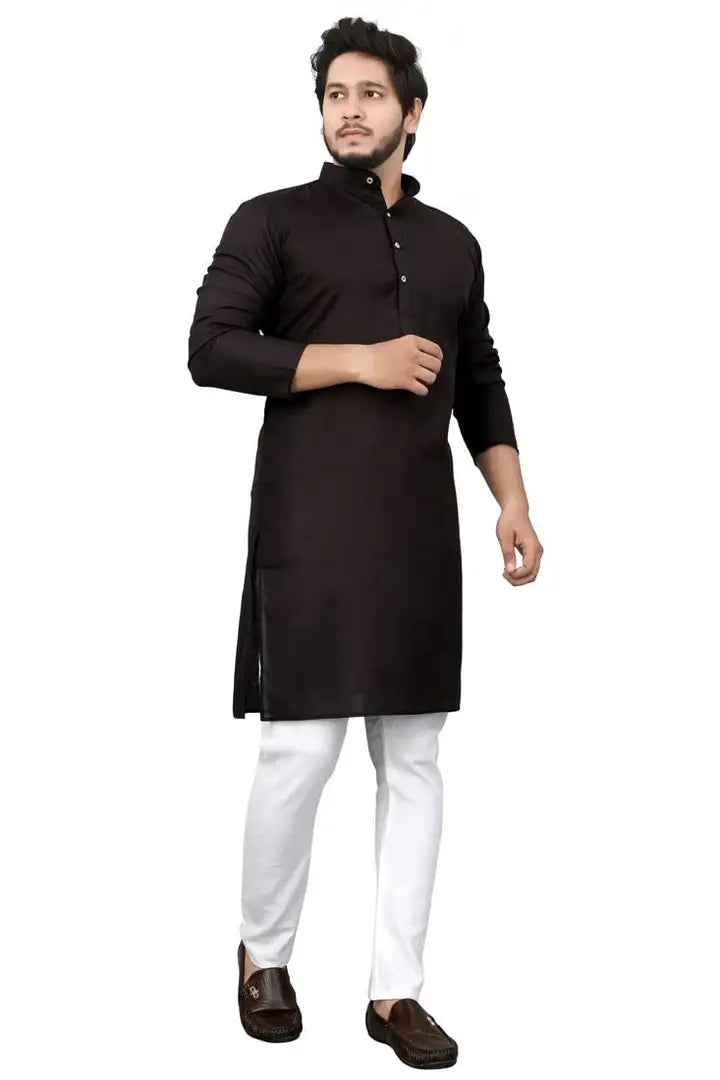 4bad9976-abde-412f-ac99-690bdecfd62e_24343841-originnm80prcnt Cotton Blend Regular Fit Straight Full Sleeve Solid Plain Weaved Knee Length Kurta for Men (Black)