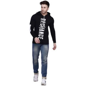 Adel Wear Casual Round Neck Regular Fit Full Sleeves Hoodie Look T-Shirt with Cap for Mens Black