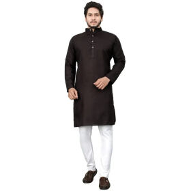 Cotton Blend Regular Fit Straight Full Sleeve Solid Plain Weaved Knee Length Kurta for Men (Black)