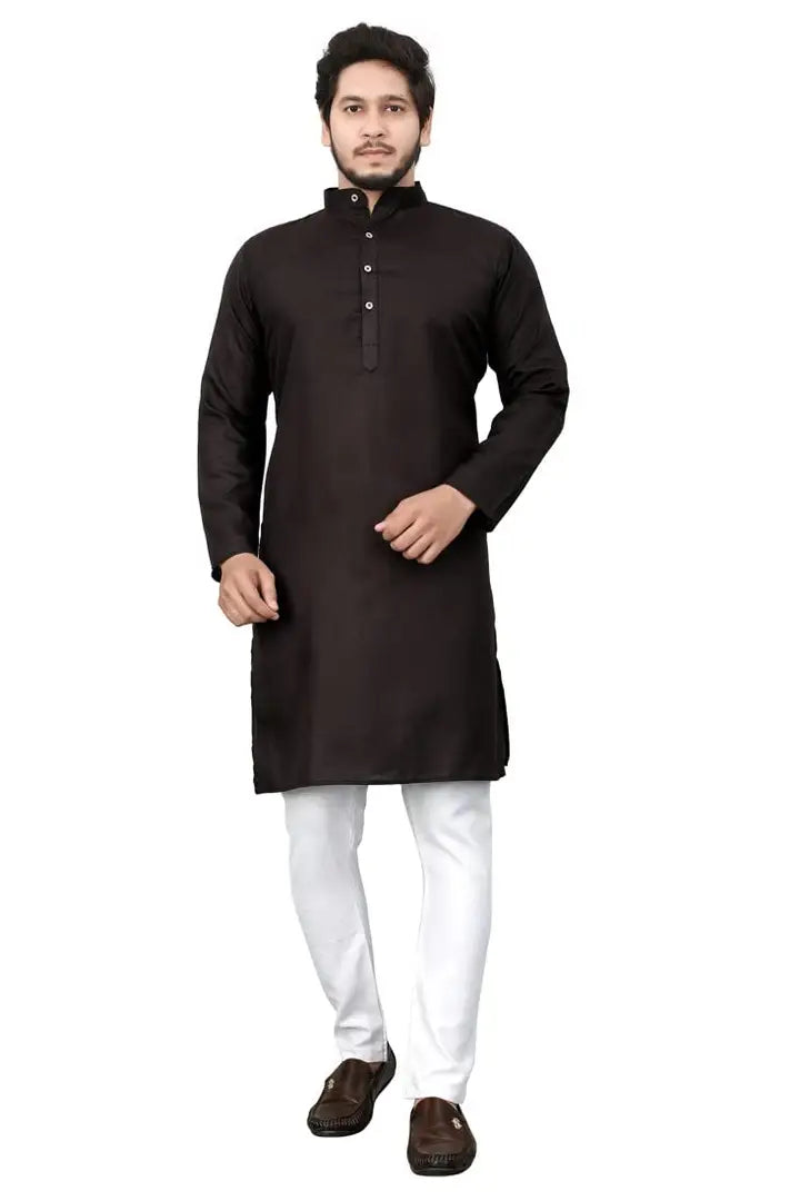 78c636eb-6ec0-4488-8ebd-135b4adf95c5_24343841-originnm80prcnt Cotton Blend Regular Fit Straight Full Sleeve Solid Plain Weaved Knee Length Kurta for Men (Black)