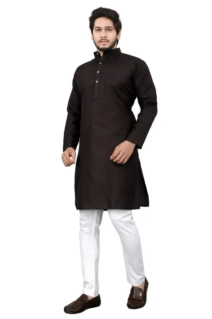 9eecdea2-fe02-454c-97f3-a9cfa5f5a813_24343841-originnm80prcnt Cotton Blend Regular Fit Straight Full Sleeve Solid Plain Weaved Knee Length Kurta for Men (Black)