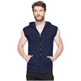 Adorbs Men's Cotton Blend Hooded Sleeveless Tshirt (615-s_Navy_S) Pack of 1