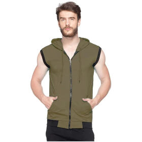 Adorbs Men's Cotton Blend Hooded Sleeveless Tshirt (614-l_Olive_L) Pack of 1