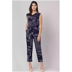 BONNIN Newspaper Print Jumpsuit Crepe Fabric Regular Fit, V Neck Sleeveless Jumpsuit For Women