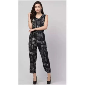 BONNIN Newspaper Print Jumpsuit Crepe Fabric Regular Fit, V Neck Sleeveless Jumpsuit For Women