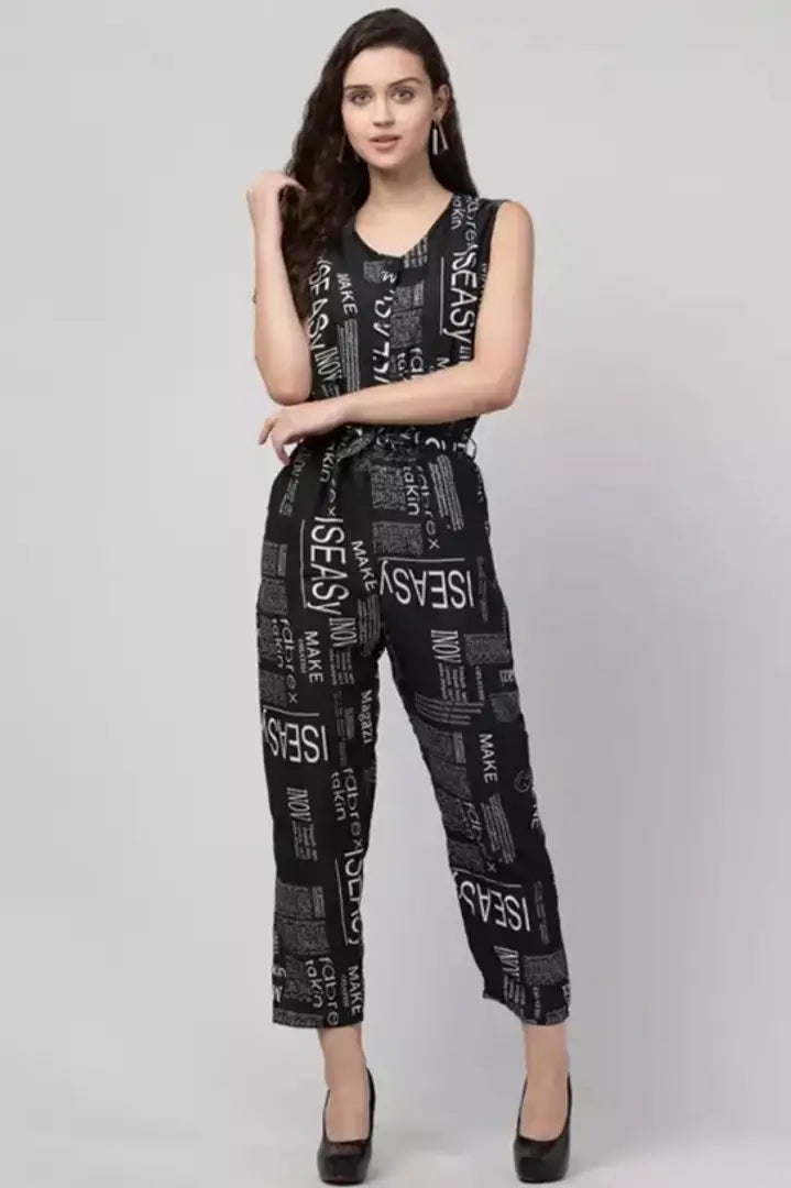 1678372503067_4-originnm80prcnt BONNIN Newspaper Print Jumpsuit Crepe Fabric Regular Fit, V Neck Sleeveless Jumpsuit For Women