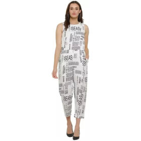 BONNIN Newspaper Print Jumpsuit Crepe Fabric Regular Fit, V Neck Sleeveless Jumpsuit For Women