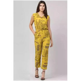 BONNIN Newspaper Print Jumpsuit Crepe Fabric Regular Fit, V Neck Sleeveless Jumpsuit For Women