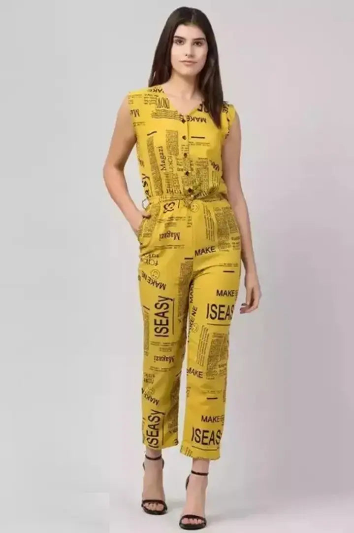 1678372524531_2-originnm80prcnt BONNIN Newspaper Print Jumpsuit Crepe Fabric Regular Fit, V Neck Sleeveless Jumpsuit For Women