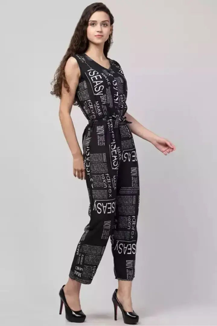 1678372613272_3-originnm80prcnt BONNIN Newspaper Print Jumpsuit Crepe Fabric Regular Fit, V Neck Sleeveless Jumpsuit For Women
