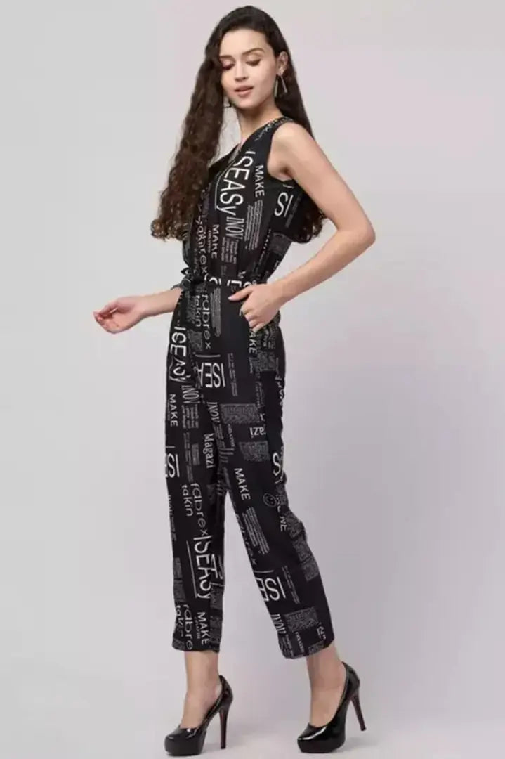 1678372617013_5-originnm80prcnt BONNIN Newspaper Print Jumpsuit Crepe Fabric Regular Fit, V Neck Sleeveless Jumpsuit For Women