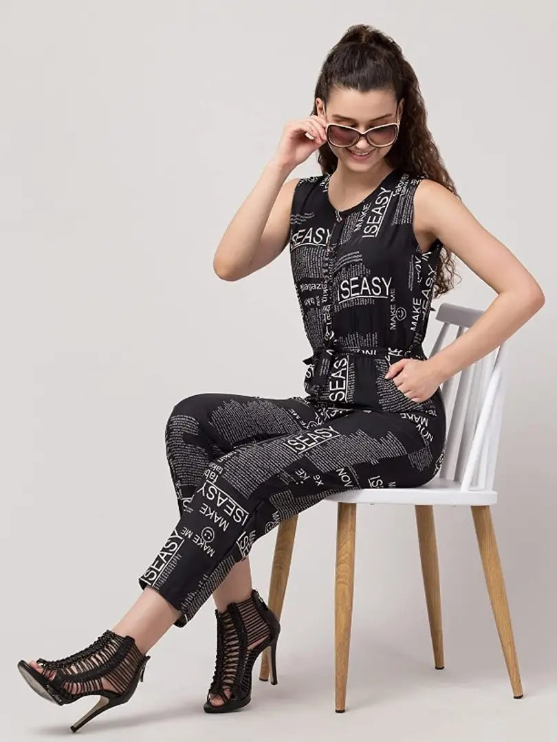 1678372619800_71YUlLqBpXS._UL1500_-originnm80prcnt BONNIN Newspaper Print Jumpsuit Crepe Fabric Regular Fit, V Neck Sleeveless Jumpsuit For Women