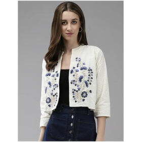 Aarika Womens Cream-Blue Color Cotton Embroidery Ethnic Jakcet