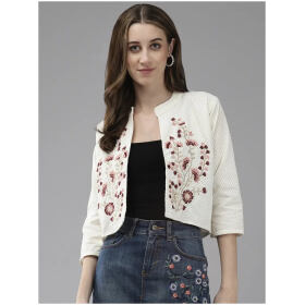 Aarika Womens Cream-Peach Color Cotton Embroidery Ethnic Jakcet