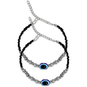 De-Ultimate JAB0162 Black Silver Adjustable Round Moti Pearl Beads/Stone Single Evil Eye Nazariya Suraksha Kavach Freindship Wrist Band Cuff Charming Chain Bracelet For Women's And Girl's