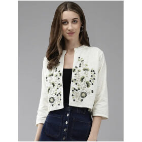 Aarika Womens Cream-Green Color Cotton Embroidery Ethnic Jakcet