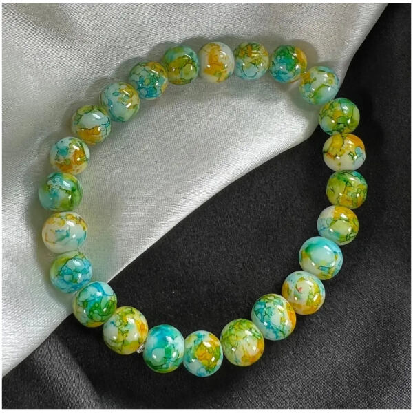 Uniqon (Stretchable) Green Color 8mm Moti Bead Pearl Natural Feng-Shui Healing Howlite Crystal Gem Marble Stone Elastic Wrist Band Bracelet For Boy's  Girl's