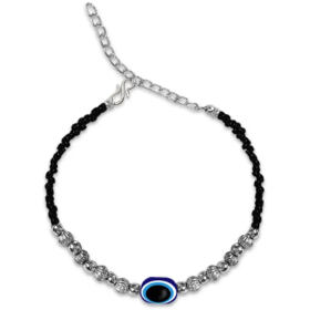 De-Ultimate JAB0162 Black Silver Adjustable Round Moti Pearl Beads/Stone Single Evil Eye Nazariya Suraksha Kavach Freindship Wrist Band Cuff Charming Chain Bracelet For Women's And Girl's