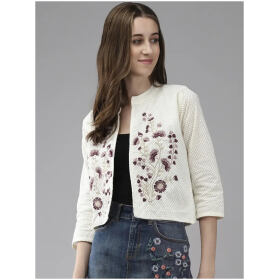 Aarika Womens Cream-Purple Color Cotton Embroidery Ethnic Jakcet