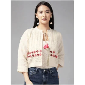 Aarika Womens Cream Color Solid Ethnic Jakcet